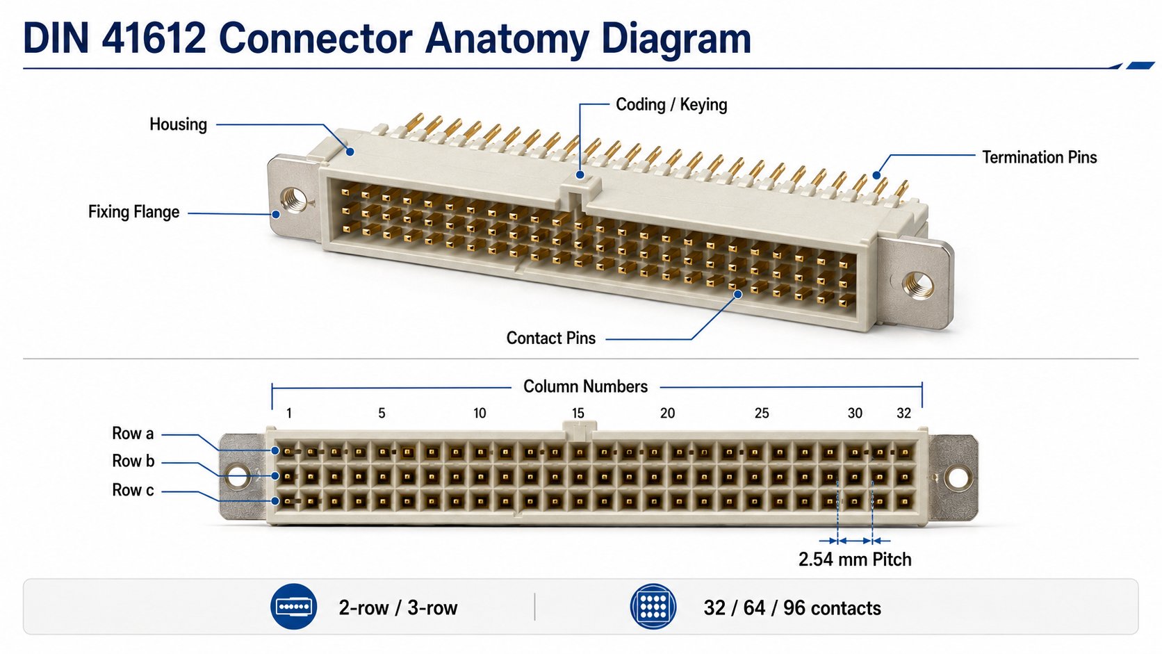 DIN 41612 connector anatomy diagram showing housing, fixing flange, contact pins, coding/keying, and termination pins. Bottom view labels rows a/b/c, column numbers 1-32, and 2.54 mm pitch for 32 / 64 / 96-contact layouts.